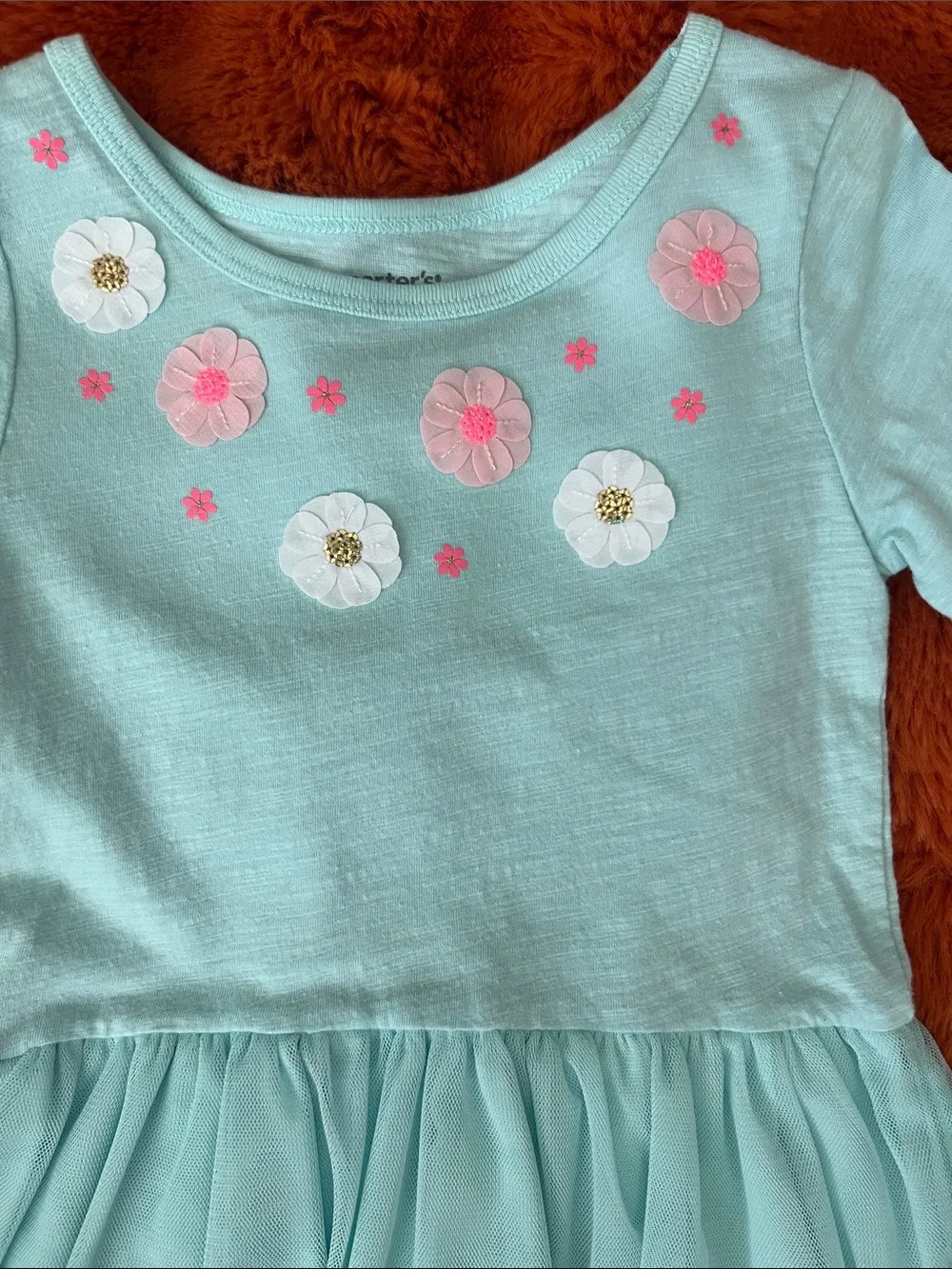 Carter's Light Aqua Tulle Dress with Pink & White Floral Appliqués
